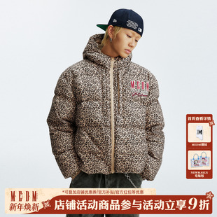 情侣休闲连帽棉衣 美式 MEDM 过肩拼皮花体字保暖豹纹棉服外套冬季