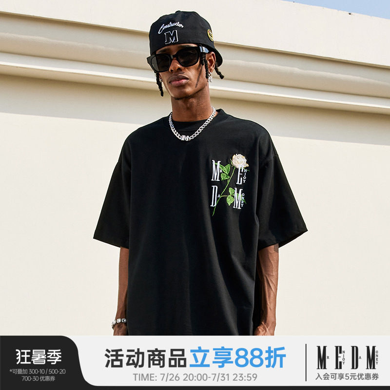 MEDM 玫瑰花立体刺绣美式街头休闲圆领短袖夏季潮牌情侣宽松t恤男