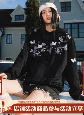 MEDM 新品立体蝴蝶休闲连帽加绒卫衣美式街头宽松情侣外套上衣秋