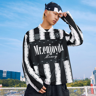 T恤美式 通勤情侣宽松翻领上衣春秋 撞色条纹拼接休闲球衣长袖 MEDM