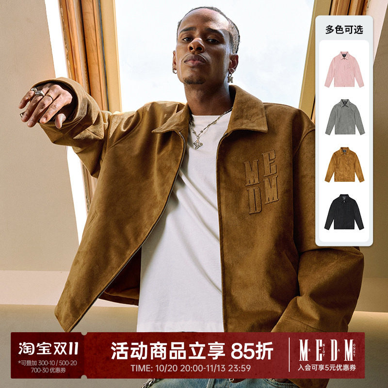 MEDM 麂皮绒贴布绣休闲翻领夹克男美式复古外套春秋季短款上衣服