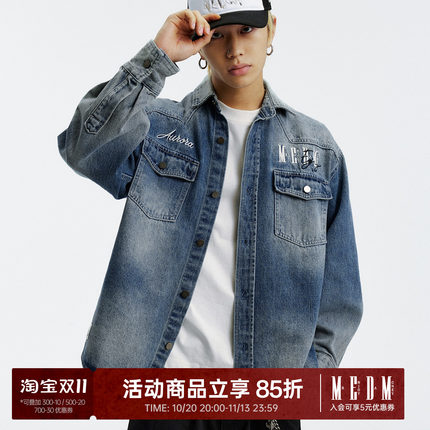 MEDM 经典基础字母刺绣休闲翻领水洗牛仔夹克潮流复古帅气外套男