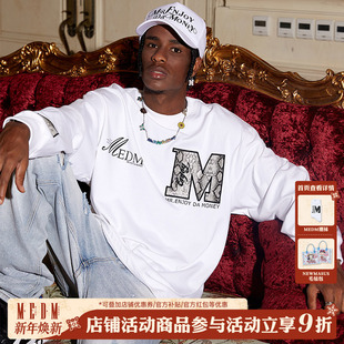 嘻哈情侣装 MEDM 美式 T恤男秋季 潮牌蛇纹拼皮字母上衣国潮圆领长袖