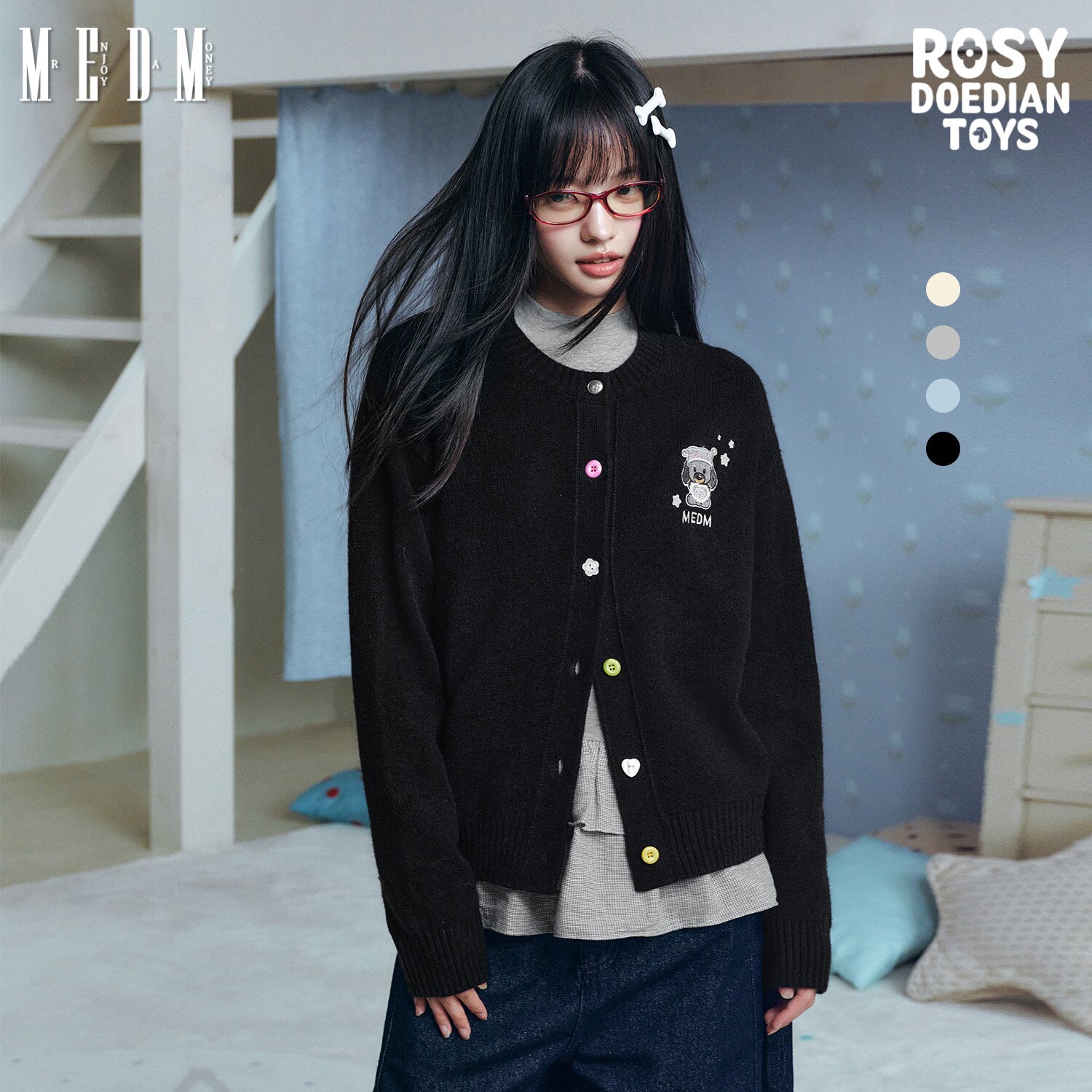 MEDM×ROSYDOEDIANTOYS联名-基础刺绣开衫毛衣潮撞色卡通针织衫女
