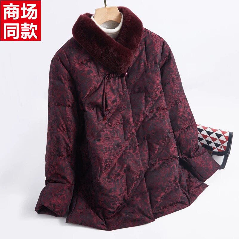 新款中式獭兔毛领羽绒服女中老年妈妈冬装外套中长款秋之歌白鸭绒