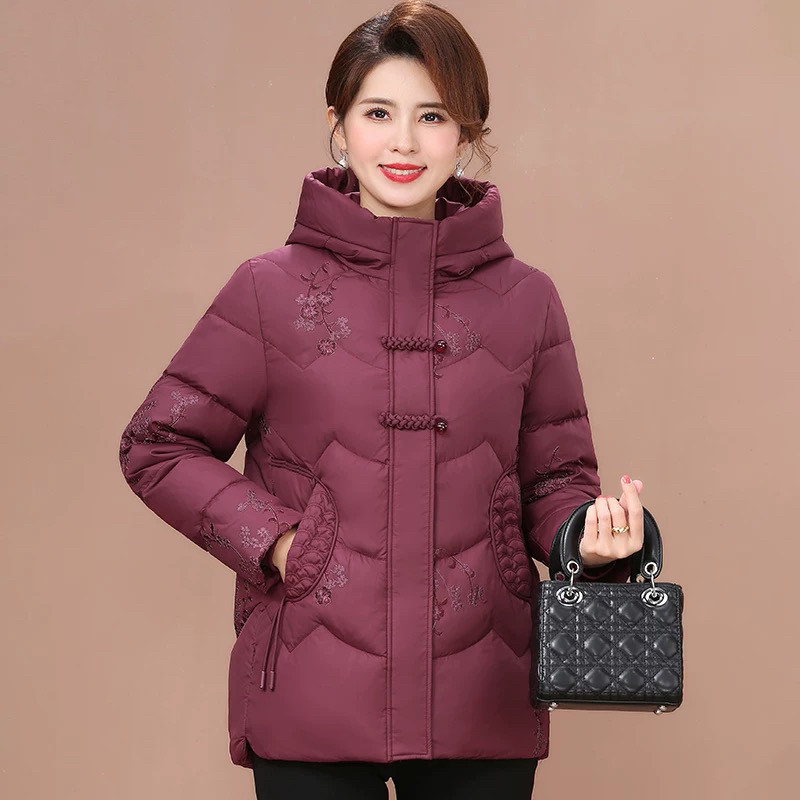 冬季妈妈装羽绒服纯色外套加厚连帽中长款中老年刺绣大码宽松上衣