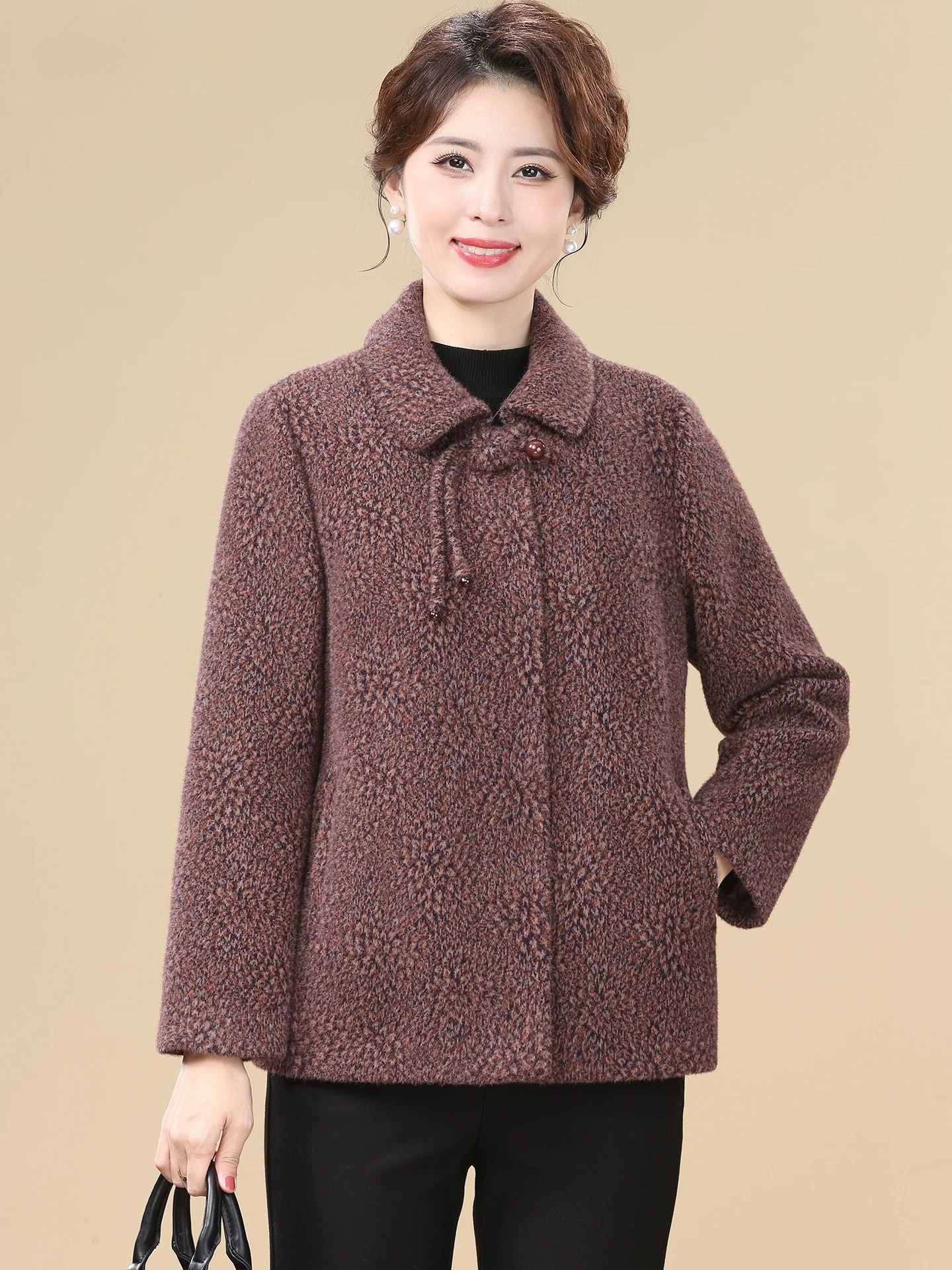 Q75011羊毛呢外套女老年人妈妈秋冬季水貂绒60岁80老太太衣服加厚