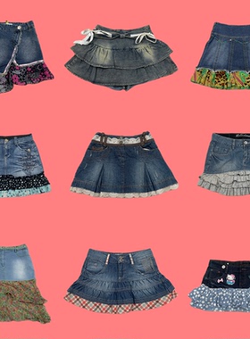 N21 古着vintage美式复古Y2K千禧辣妹亚比牛仔伞裙百褶短裙蛋糕裙