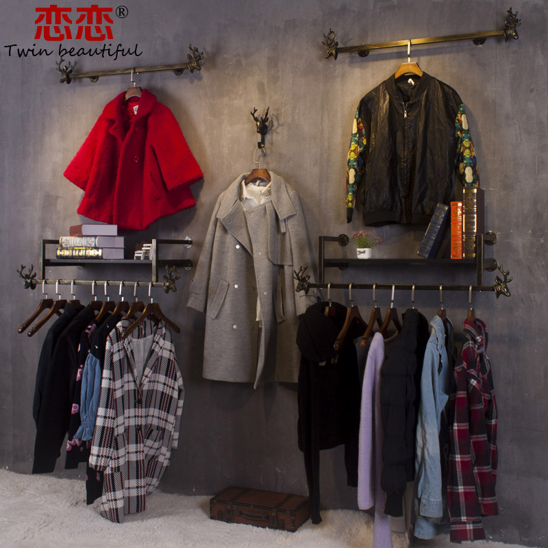 复古铁艺鹿头服装架服装店衣架展示架上墙正侧挂男女装挂衣架清仓12月12日最新优惠