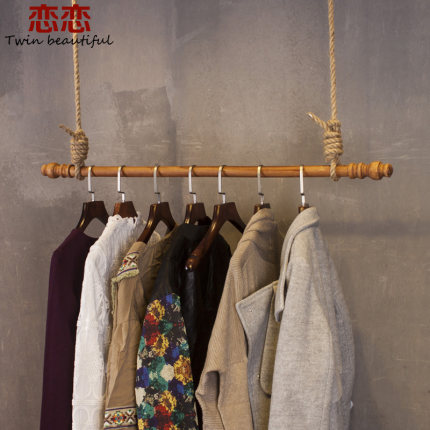 服装店复古实木上墙侧挂衣架展示架吊顶木质吊架挂衣架子货架壁挂