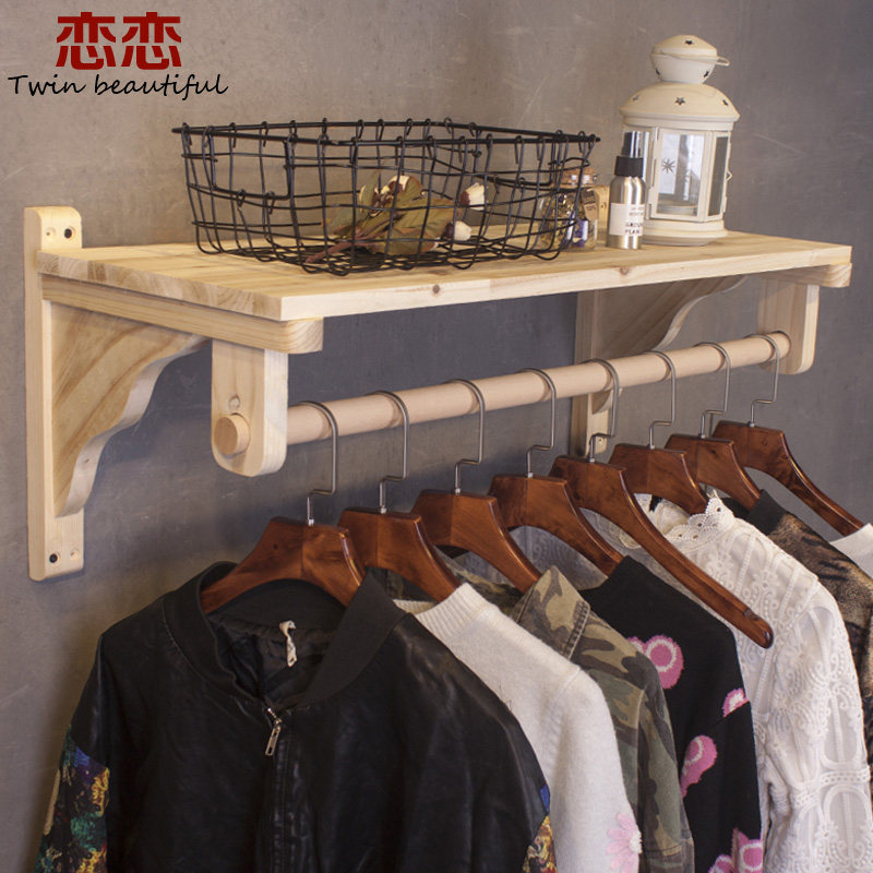 原木色服装店展示架上墙壁挂式木质置物架女装店货架挂衣杆陈列i.