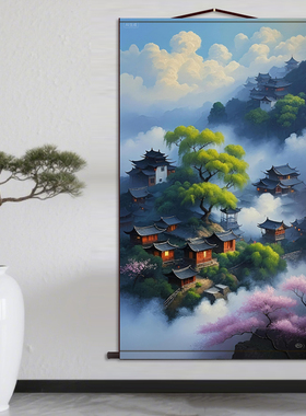 山云小屋 中式风景画客厅玄关走廊背景墙挂画丝绸卷轴画定制