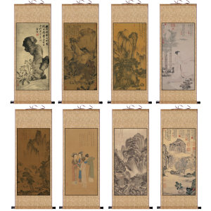 唐寅字画丝绸礼品卷轴画花鸟字画