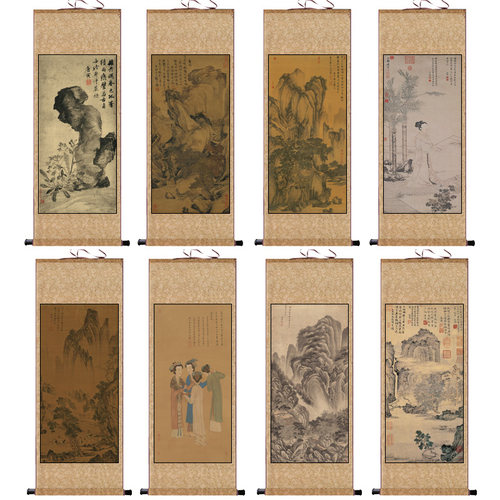 唐寅字画丝绸礼品卷轴画花鸟字画