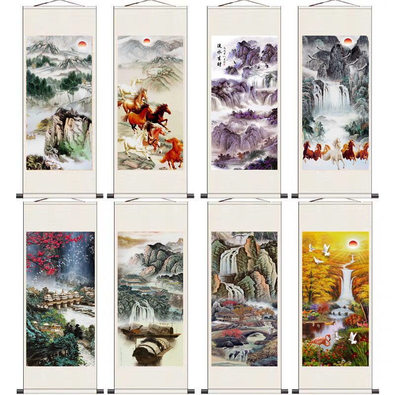 八骏图马到成功挂画办公室山水大气招财壁画客厅装饰字画水墨国画