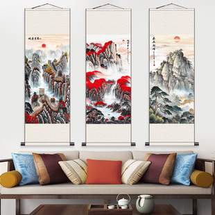 饰画 招财山水竖幅挂画玄关风水字画定制国画旭日东升茶楼办公室装