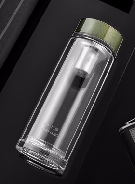 万象玻璃杯双层隔热水杯家用加厚便携男女带盖过滤泡茶杯子V168L