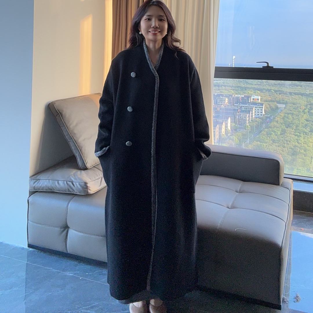 BENYI新款经典立领单排扣长款羊毛大衣廓形茧型羊毛呢外套