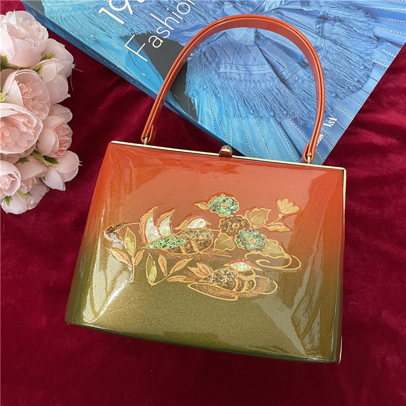 Vintage日本制漆皮螺钿和风渐变风琴手拎包晚宴包盒子包