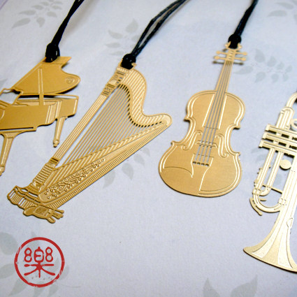 金属书签黄铜精美乐器图案四款带皮绳可爱创意学生礼品小提琴钢琴