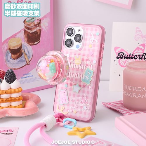 JOEJOE原创格纹泡泡熊磁吸手机壳适用苹果iPhone17ProMax/16Pro/15/14/13流沙Magsafe支架高级感保护套小熊糖