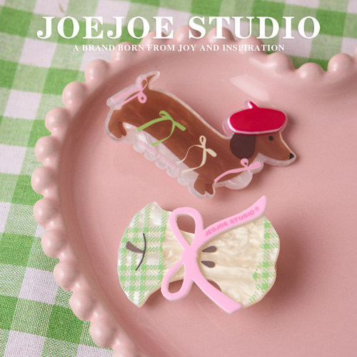JoeJoe原创贝雷帽腊肠狗发卡法式格纹青苹果刘海侧边夹发夹少女风
