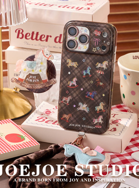 JOEJOE原创摇摇马适用Apple17Pro苹果iphone17proMax亮面手机壳16Pro新款15磁吸支架保护壳14手机套格纹可爱