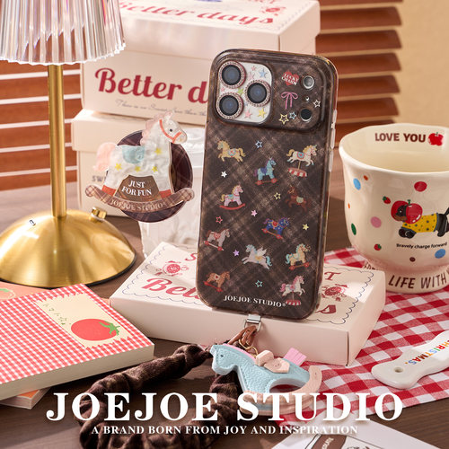 JOEJOE原创摇摇马适用Apple17Pro苹果iphone17proMax亮面手机壳16Pro新款15磁吸支架保护壳14手机套格纹可爱