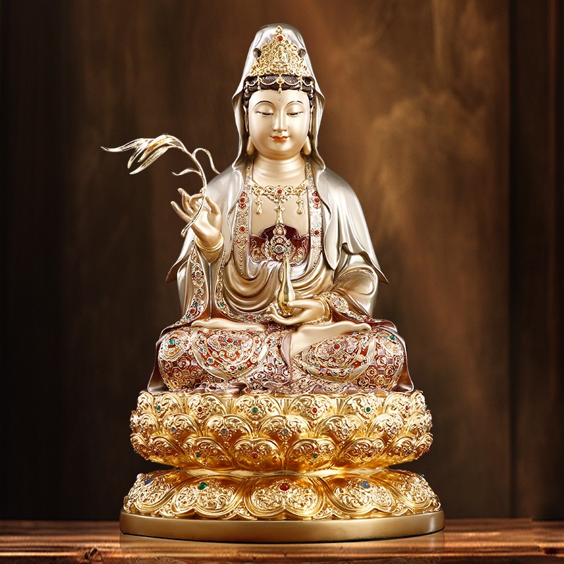 台湾黄铜彩绘珐琅观音菩萨佛像家用观音佛像观世音菩萨像供奉摆件