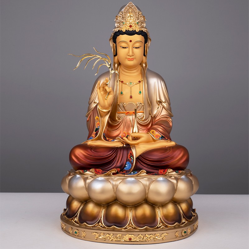 台湾黄铜彩绘观音佛像供奉观音菩萨佛像家用坐莲观世音菩萨像摆件