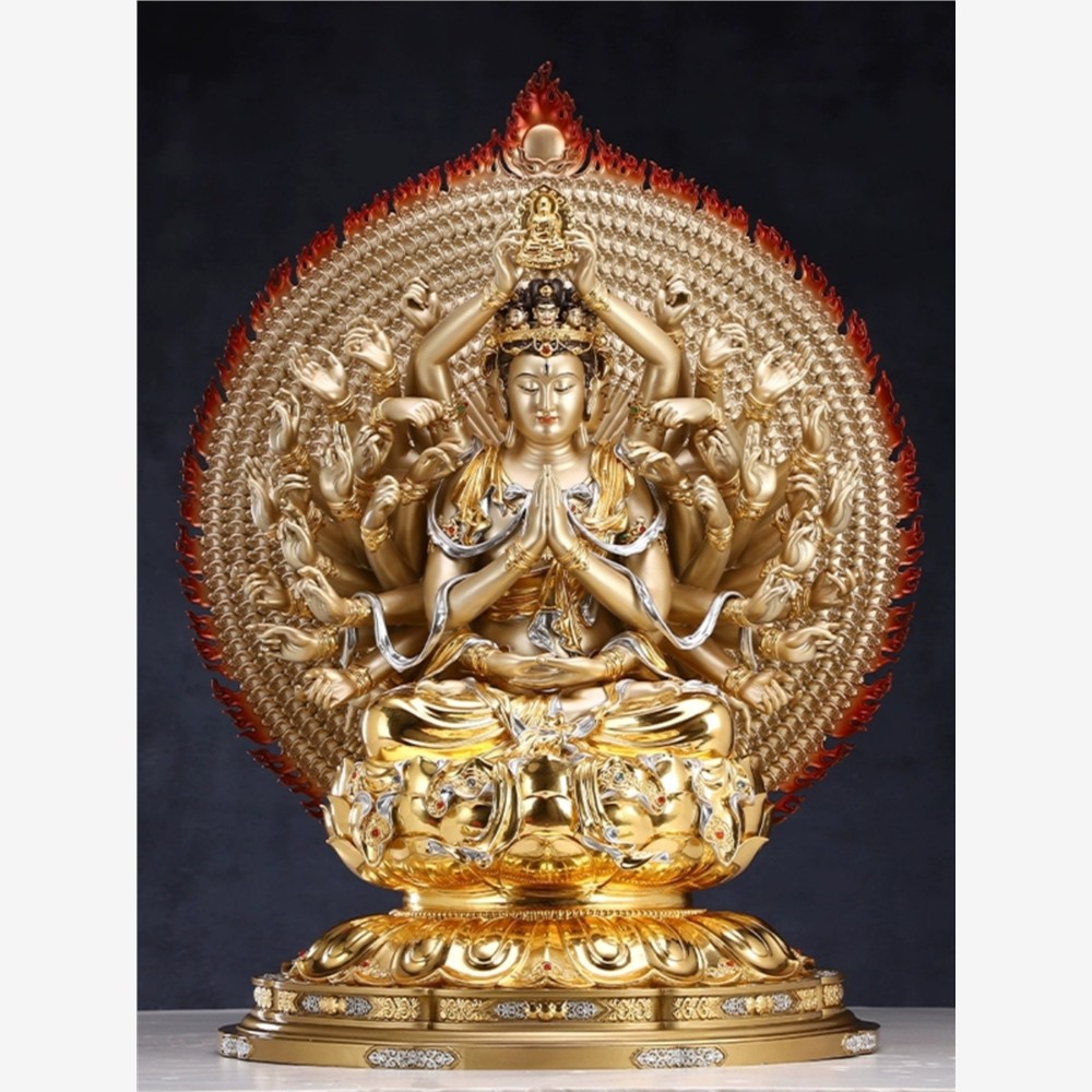 台湾黄铜贴金镶宝千手观音菩萨供奉佛像千手千眼观世音像家用摆件