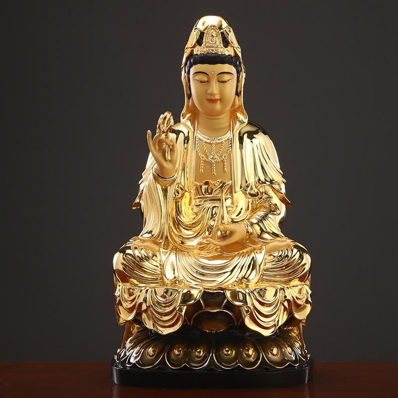 台湾黄铜鎏金观音佛像观世音菩萨像供奉家用观音菩萨娑婆三圣摆件