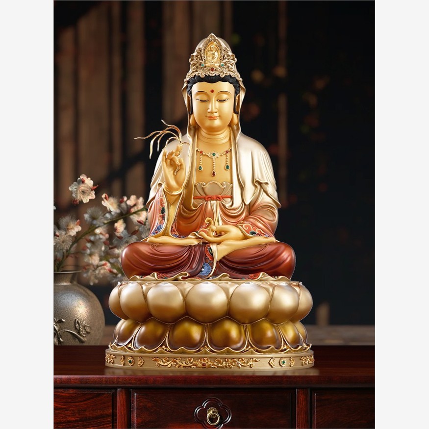 台湾全铜彩绘观音菩萨佛像家用供奉坐莲观音佛像观世音菩萨像摆件