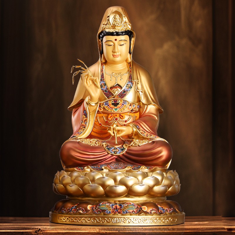 台湾黄铜彩绘观音菩萨家用坐莲观音佛像供奉南海观世音菩萨像摆件