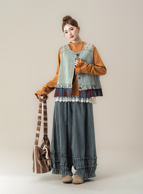浅怀旧蓝色文艺复古花边刺绣马甲背心女秋季新款格子拼接宽松上衣