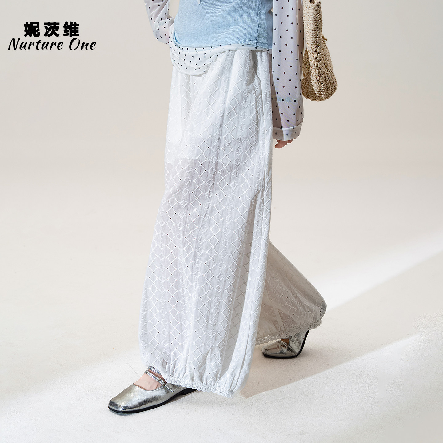 妮茨维【提花美学】不费力穿搭女白色重工镂空提花透气阔腿气球裤
