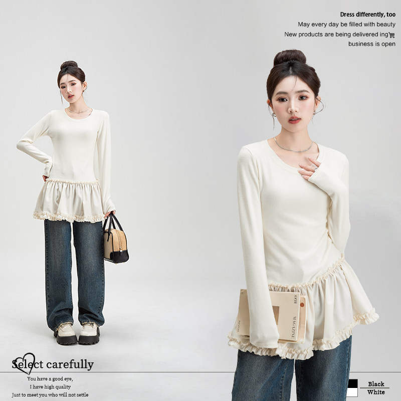 杏色木耳花边下摆拼接打底衫春季新款女装芭蕾风修身长袖T恤上衣,女装/女士精品,T恤,淘宝优惠券,粉丝福利购,淘宝优惠卷