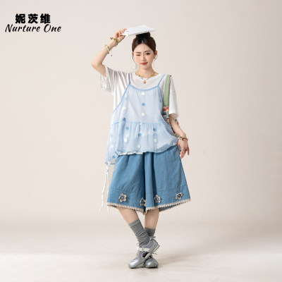圆点网纱罩衫T恤牛仔裤三件套女