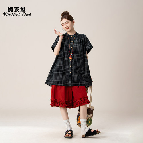 格子短袖衬衫花边短裤两件套女