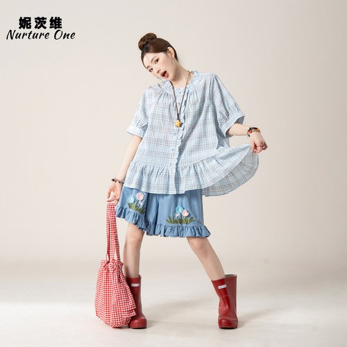 木耳圆领泡泡短袖衬衫花边短裤女