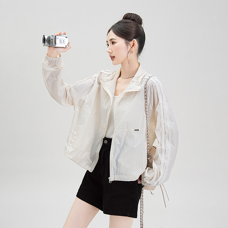 杏色立领蕾丝小个子短款防晒衣女