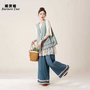 妮茨维【垂珠碎影】民族风牛仔马甲少女感穿搭蕾丝拼接T恤阔腿裤