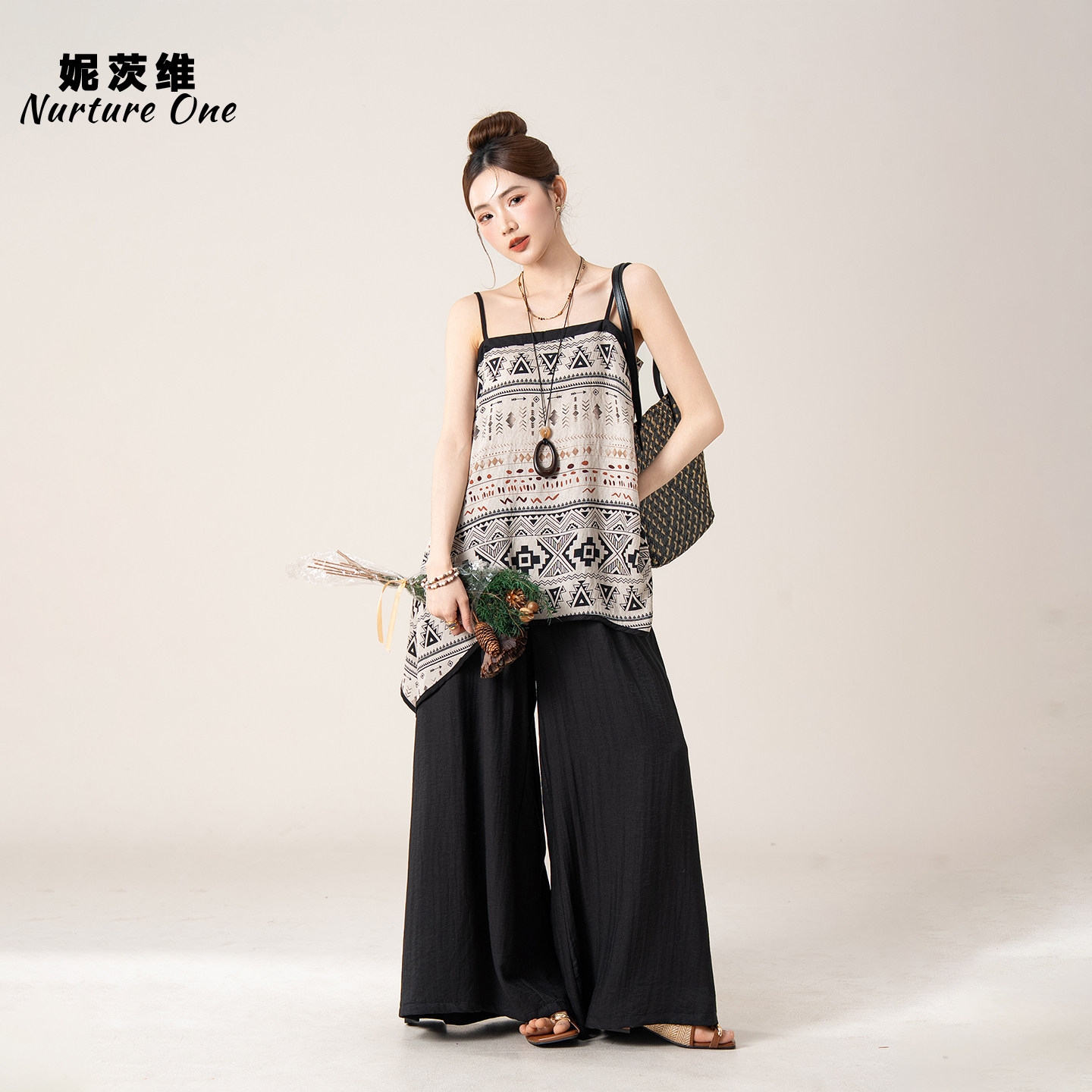 妮茨维【部落图腾】波西米亚印花吊带背心女松弛感穿搭阔腿裤套装