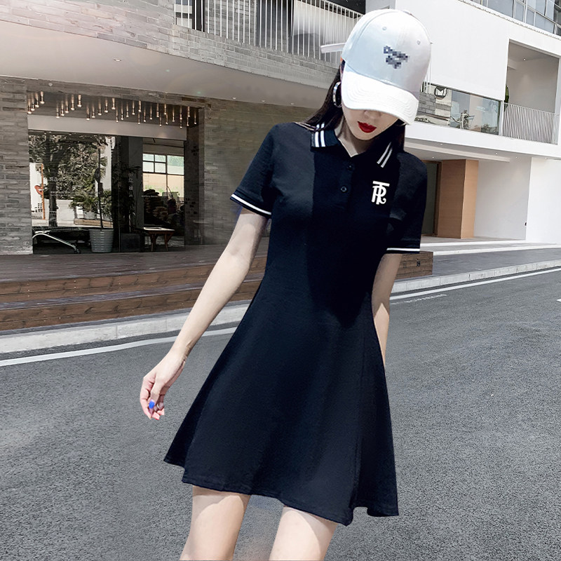 黑色休闲polo连衣裙2022新款女装夏季梨形身材收腰显瘦a字短裙子