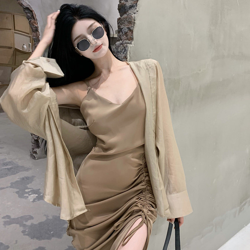 休闲套装女夏时尚复古chic防晒衬衫薄款抽绳开叉吊带连衣裙两件套