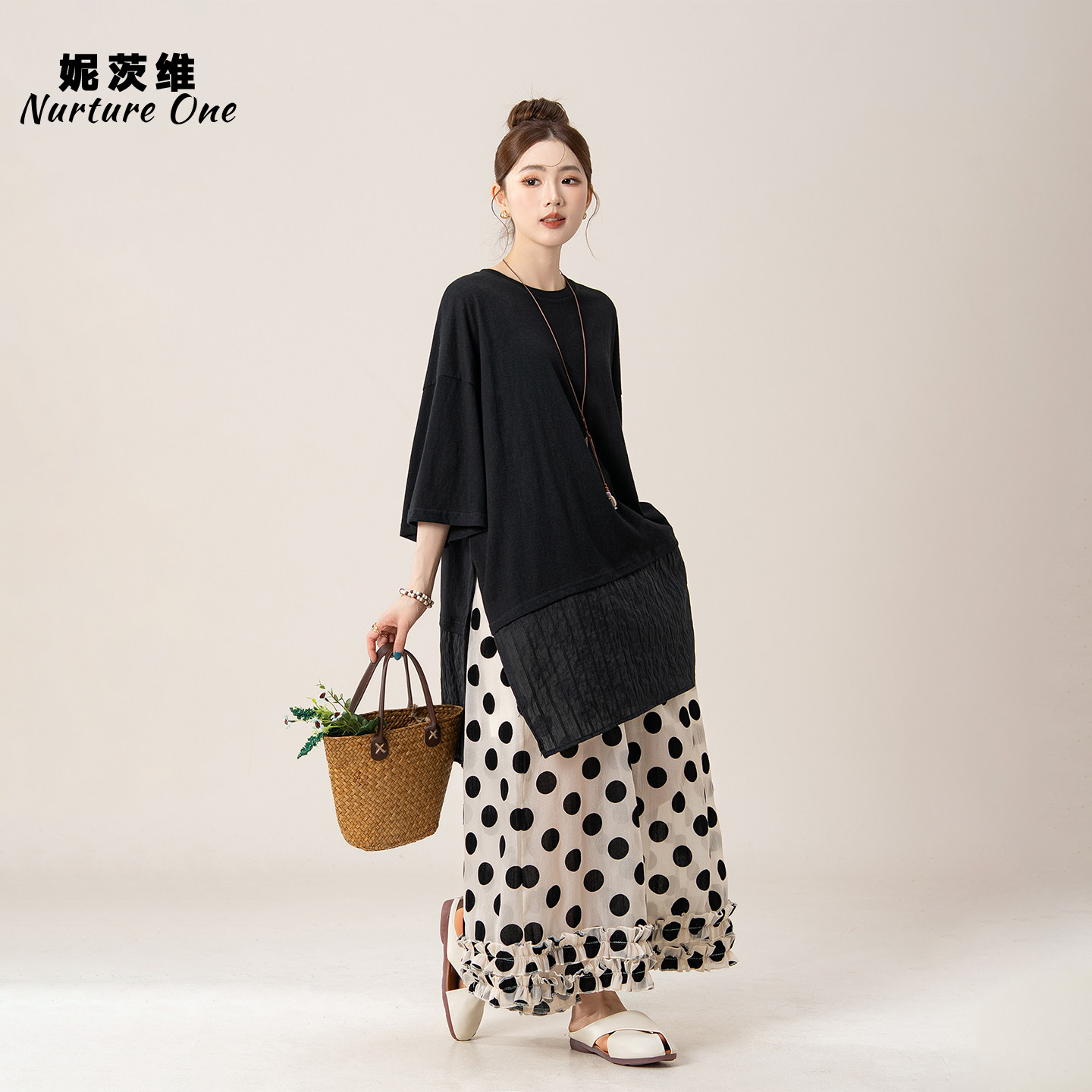 妮茨维【晚风入怀】复古文艺拼接T恤女夏日消暑穿搭宽松休闲上衣
