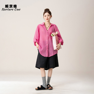 妮茨维【玫红闲趣】苎麻V领口袋衬衫防晒上衣女韩系穿搭短裤套装
