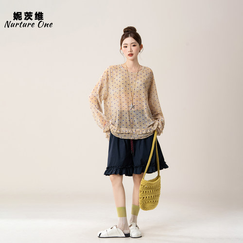 微透波点长袖防晒罩衫短裤套装女
