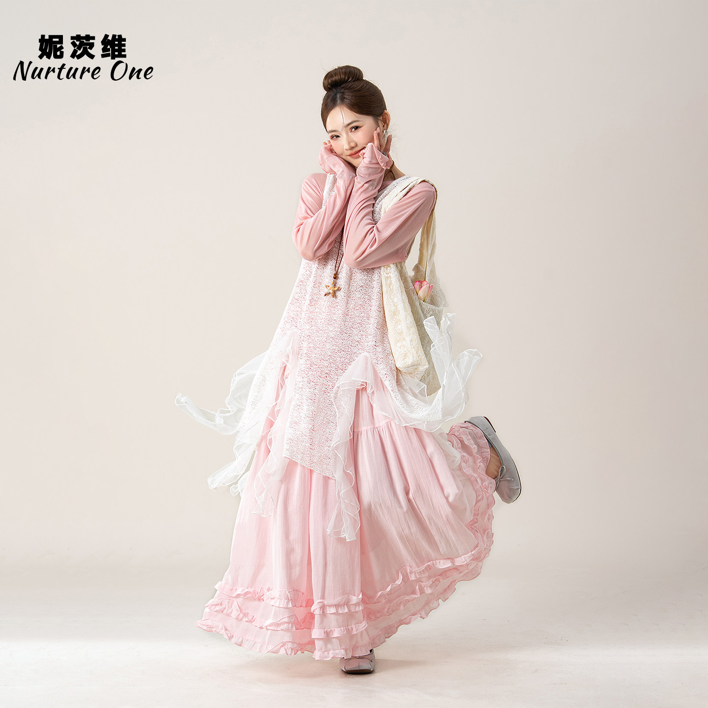 妮茨维【粉雾织纱】不规则飘带蕾丝罩衫女森系穿搭花边T恤半身裙