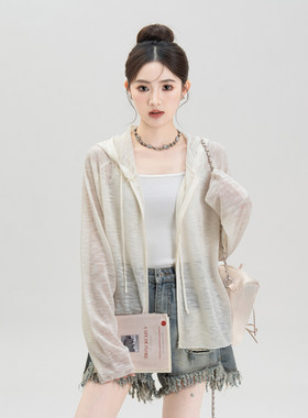 米白色微透薄纱连帽针织防晒衫女